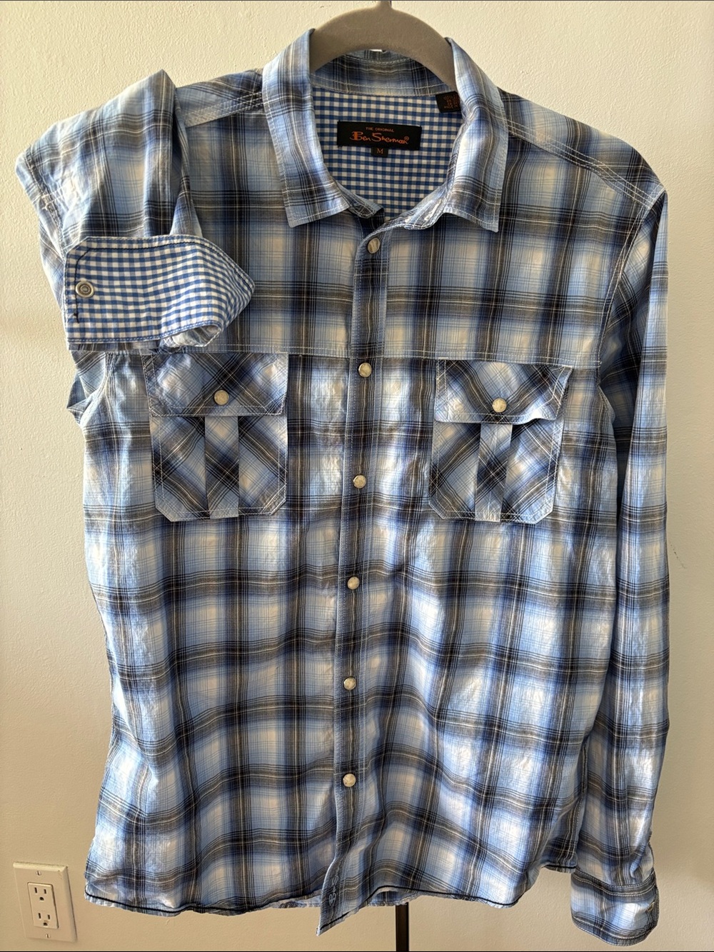 Ben Sherman Light Blue and White Plaid Button-Down Shirt